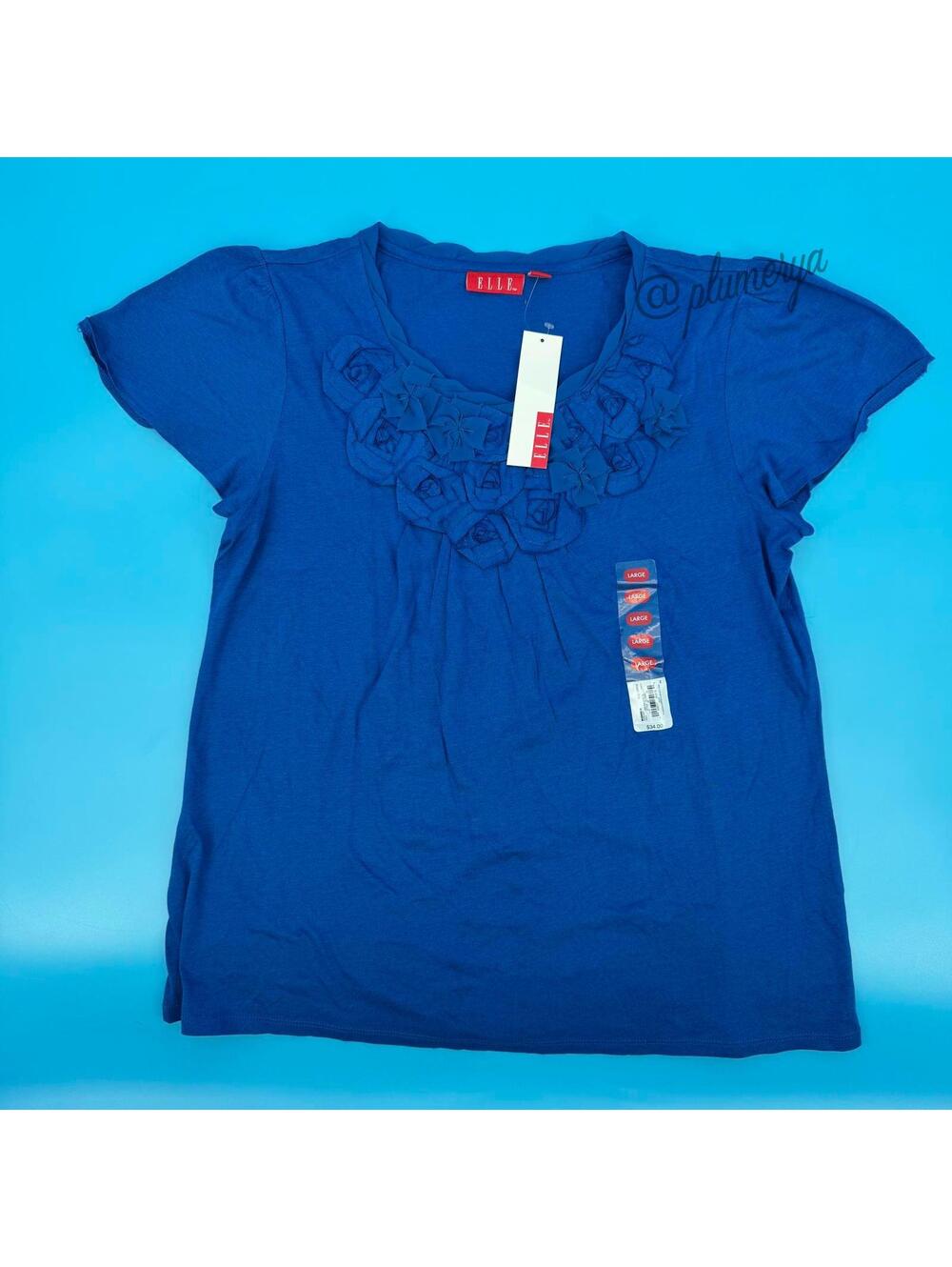 ELLE Floral Embellished Tee Y2K Vintage Nautical Blue Pima Cotton Size L NWT